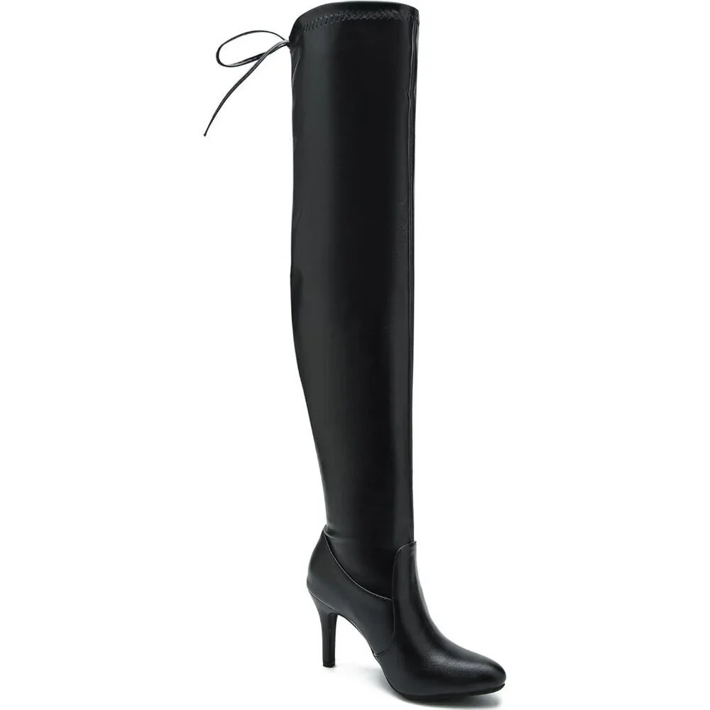 Women Black Polyurethane Pointed Toe Over The Knee Thigh High Stiletto Heel Boot